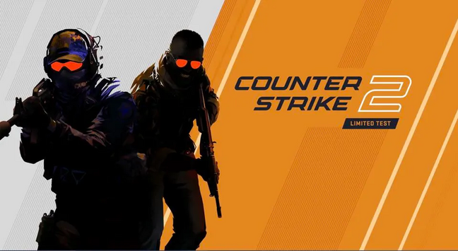 Promotional image for Counter Strike 2, Showing two military soldiers on the left side of the screen with two assault rifles, with a sharp white & orange background.