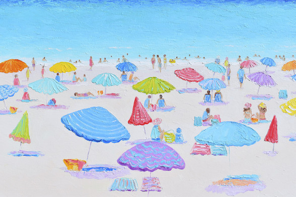 An impressionist and whimsical beach painting with colourful umbrellas and people relaxing on a summer's day.