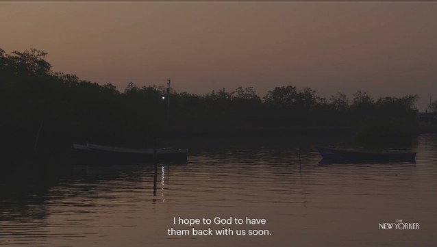 Still from the film with the caption, "I hope to God to have them back with us soon."