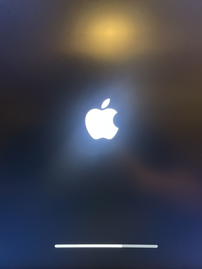 A photo of a monitor showing a black screen with an Apple logo and a progress bar below it at about 60%.