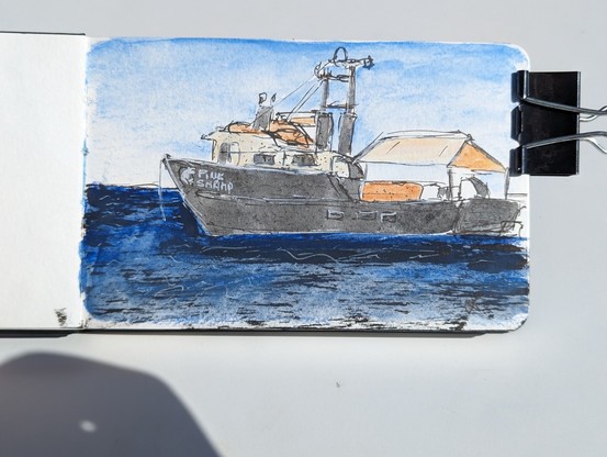 A painting of a shrimp boat turned yacht. Its a great boat with the name "pink shrimp"