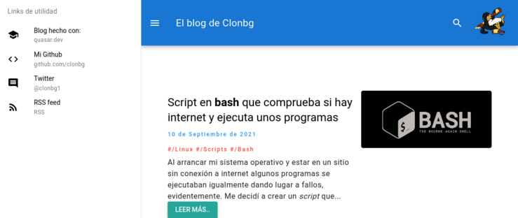 Nuevo Blog programado desde 0 con quasar.dev #Linux #VueJS #Markdown #ProgramaciÃ³n https://myblog.clonbg.es/#/nuevo-blog https://clonbg.es