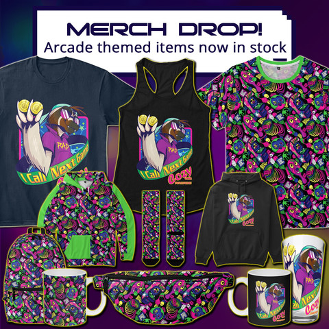 Arcade themed merch, including tshirts, hoodies, tank top, socks, backpack, mug, fanny pack and more! One design is of a cartoon sloth with a backwards cap and sunglasses, holding up coins with text "I call next game" and a pattern of various arcade prizes and goodies. Both are very colourful.