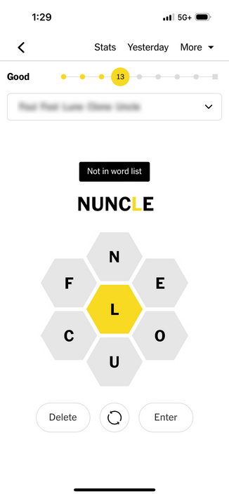 Screenshot of the New York Times’ “Spelling Bee” word puzzle published September 27, 2023. The puzzle features the letters “(L) C E F N O U.” The player has entered the word “Nuncle,” but it was rejected with the message “Not in word list.”