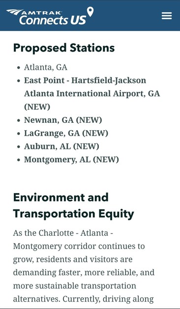 Screenshot of the Amtrak website listing proposed stations:

Atlanta, GA
East Point / Airport
Newnan, GA
LaGrange, GA
Auburn, AL
Montgomery, AL