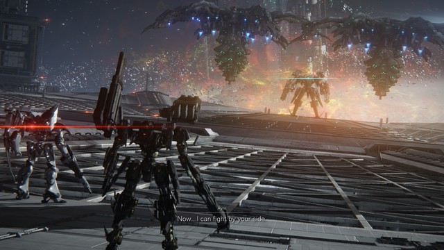 A screenshot from the video game Armored Core 6. It depicts one black and one white giant robots standing off against a giant robot and two floating space craft.