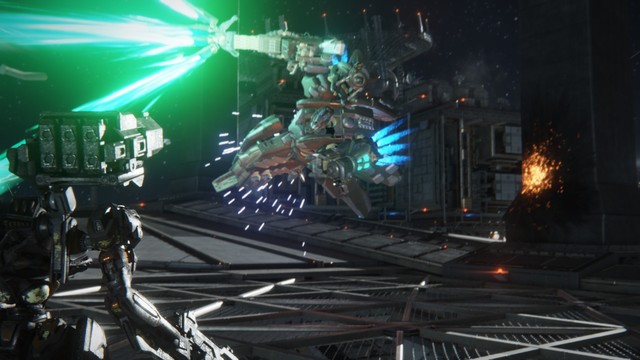 A screenshot from the game Armored Core 6. It depicts a significantly larger robot reaching out to the player as it is defeated by the black robot.