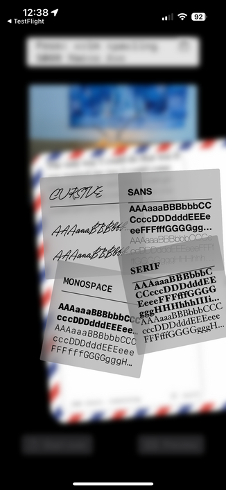 A screenshot of a set of translucent squares overlayed on a postcard. Each square has a black type specimen on it.