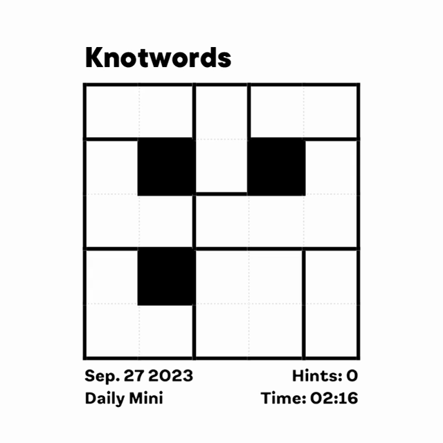 Animated image depicting a player’s progress solving the “Knotwords” Daily Mini word puzzle published September 27, 2023.