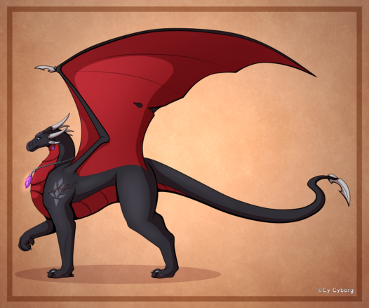 An image of an adult Cynder, a black dragoness from the Legend of Spyro series, with red wings, a red underbelly and 6 curved, white horns - though only 3 are visible. Cynder is covered in scars and and scratches, and is wearing a chain necklace with a purple gemstone around her neck. She has a similar, smaller gemstone attached to her bottom left horn