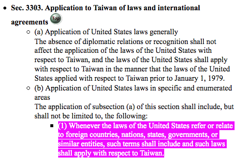 (1) Whenever the laws of the United States refer or relate to foreign countries, nations, states, governments, or similar entities, such terms shall include and such laws shall apply with respect to Taiwan.