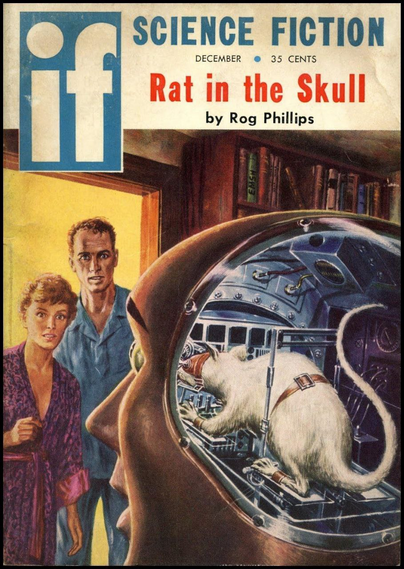 Cover of the Scifi short story "Rat in the Skull" by Rog Phillips.

The cover is two people looking at a robot, that has a rat inside its skull, strapped into some weird hardness.