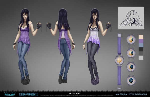 Final Render of the concept art of Ana Corona, the main character of my videogame Luna Poniente(Setting Moon). You can see her upfront, her back, an alternative color palette, a design of her watch, her color palette and the pattern design of her outfit.