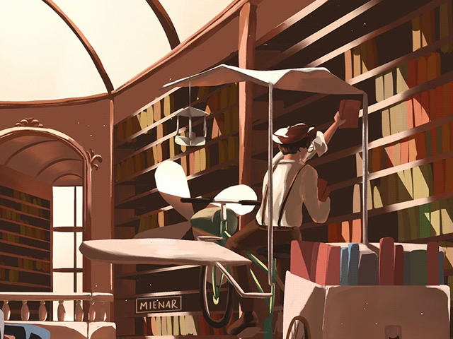 animated gif of a librarian on a flying bicycle, restocking the higher bookshelves