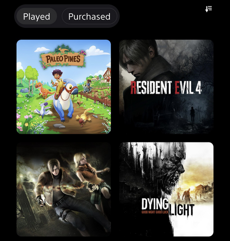 My recently played games, showing Paleo Pines, Resident Evil 4 Remake, Resident Evil 4, Dying Light