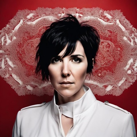 Scottish Music Art: Sharleen Spiteri, head and shoulders, in white, in front of red with white mosaic