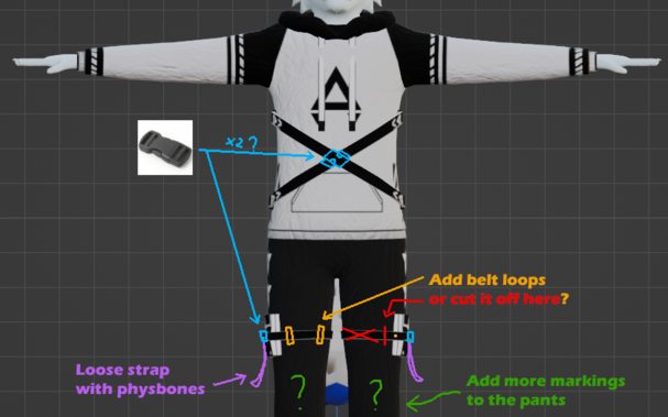 The model with some notes scribbled on top. There are buckles added to the X straps and the ones holding the leg bags, loose straps coming from the bags and notes about adding belt loops or cutting off the straps around the bags.