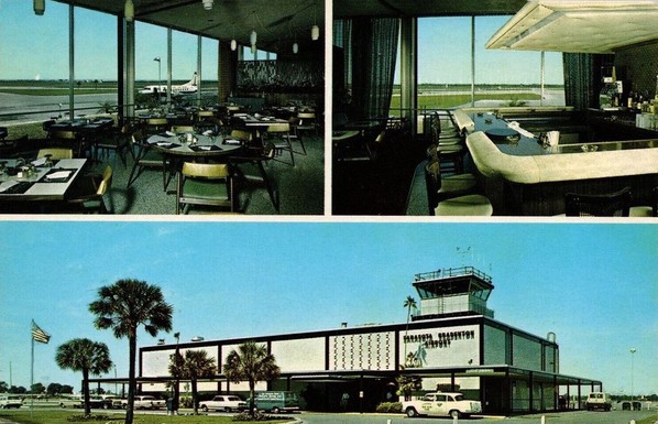 three panel postcard. Bottom - outside terminal building, cars, palm trees and blue skies. Top Right- wrap around bar and window looking over runways. Top Left- Dinning room without people and more windows showing a prop plane