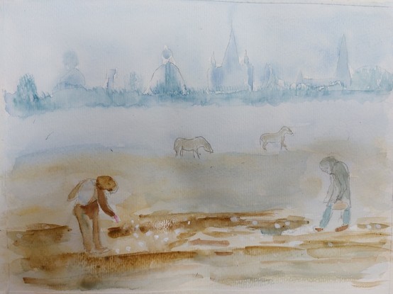 Two mushroom pickers in the mist on Port Meadow with Oxford spires in the distance and two horses in the mist.