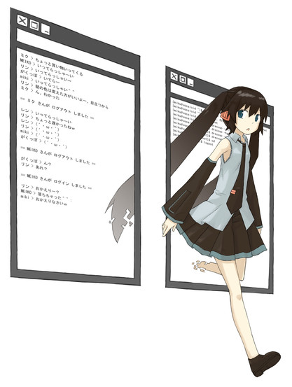 Artwork featuring two floating computer windows, both simplistic, gray borders with text but white backgrounds, and showing command line in it's contents. One has a lot of japanese text which is, according to danbooru, about MIKU saying in chat to other vocaloids she will go shopping, then logging out. Other window is more interesting, because aside from linux command line with commands like dressup, and logout in the end, grayscale version of Hatsune Miku, a vocaloid girl with very long twintails, detached sleeves with sleeveless shirt, and short dress, going out from that window being phased in the existence with futuristic digital effect. She is looking around cautiously as she goes.