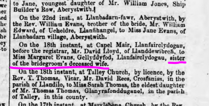 David Lloyd marrying his dead wife's sister, Margaret Evans, in 1858.