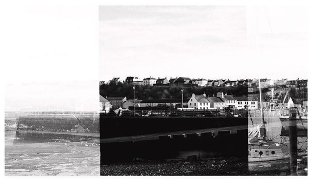 Triple exposure black and white film photograph showing a coastal town overlaid with a harbour wall, the sea, and yachts.