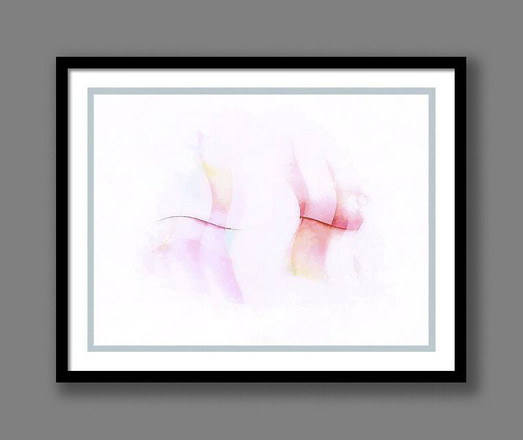 Shown on a wall, Pavane: Two delicate, ethereal pastel-hued figures join in a stately dance in this minimalist abstract art by Jon Woodhams.