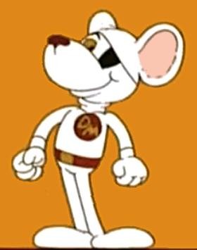 A white anthropomorphic mouse with a black eyepatch over his left eye and his hands clenched into fists. He is wearing a white turtleneck sweater with large red circle and the letters 'DM' in yellow text within it. He is wearing a red belt with yellow buckle. He is standing in front of an orange backdrop and smiling.