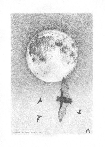 Pencil drawing of bats flying under a full moon.