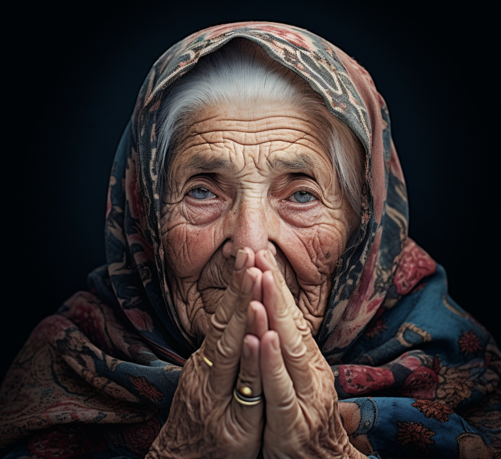 Elderly woman wearing a scarf, with prayer hands in front of face