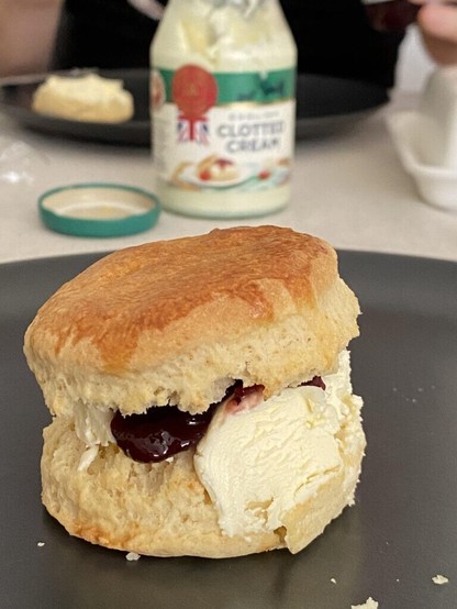 Baked a batch of scones this morning. My boyfriend and I ate them with clotted cream and bramble jam.