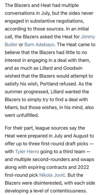 [Charania] In an initial call, the Blazers asked the Heat for Jimmy Butler or Bam Adebayo.