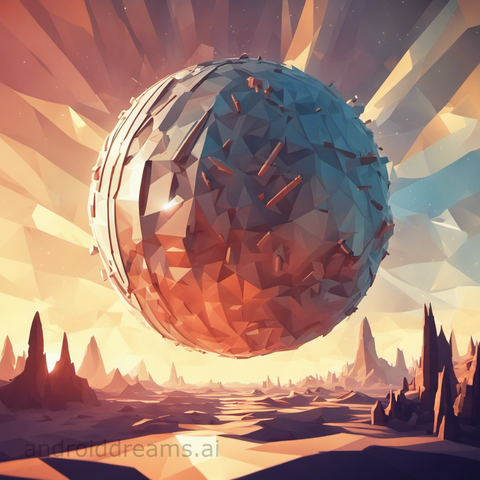 An image generated by Stable Diffusion, with the prompt "Low poly illustration of a planet, dieselpunk, god rays, in the style of Pixar, in the distance"