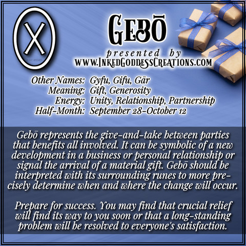 A graphic about the Norse rune Gebo. It features a stock photo of small brown packages wrapped with blue ribbon. It details the dates of the runic half-month, the rune's symbolism and magickal interpretation, and what to expect during this time. Presented by Inked Goddess Creations.