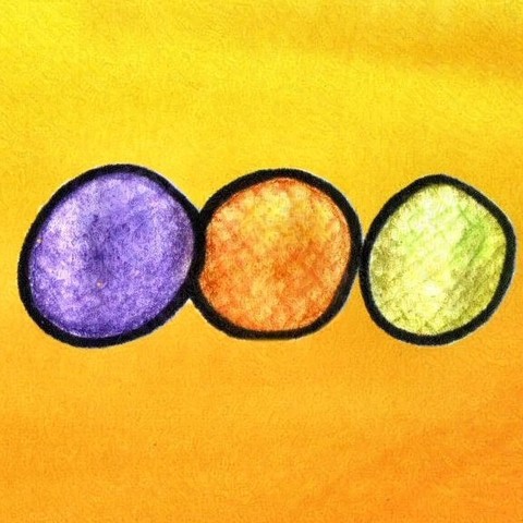 On a yellow-to-orange gradient background 3 orbs are outlined in black ink. The first is purple, the second orange, and the last is light green, all with vague cross stitch lines all over as if their surface is embroidered.