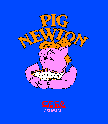 Title screen art for "Pig Newton". A pig wearing blue overall and a straw hat is seen holding a nest of bird eggs, below the text "Pig Newton".