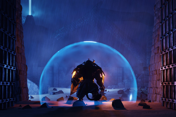3D render of an armored charr guardian, viewed from the back. It is night time, and he's a dark silhouette guarding a large steel gate with a magical blue shield surrounding him. Beyond him there's a battlefield shrouded in mist, with a bright beacon in the distance lighting up the sky. You can just barely make out the outline of an enormous dragon wing hovering over everything.
