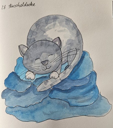 Aquarell: Graue Katze schläft auf einem dicken Stapel blauer Decken