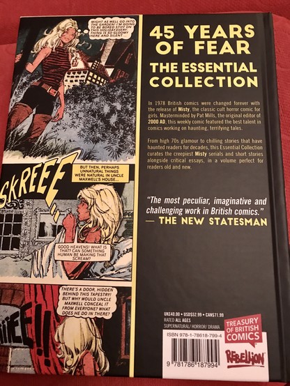 The back cover of the hardback book, including some sample images from the comic of girls in spooky situations beside a potted history of the comic, which was first published in 1978. The book is published in the Treasury of British Comics range from Rebellion.