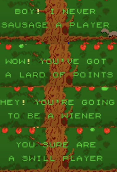 Image of several screenshots from "Pig Newton", showing the groan-worthy puns displayed at the end of ever level. These include "Boy! I never sausage a player", "Wow! You've got a lard of points", "Hey! You're going to be a wiener", and "You sure are a swill player".