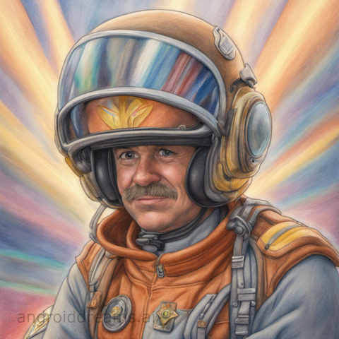 An image generated by Stable Diffusion, with the prompt "Colored pencil drawing of a pilot, god rays, in the style of Pixar, bloom"