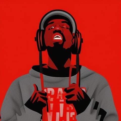 Hip-hop art: Cartoon style, red, grey, black, black man in grey hoody, headphones, listening, head back slightly, enjoying music, thumbs up. Red background