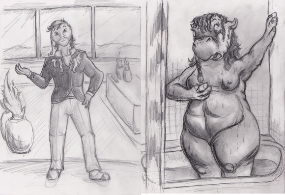 First picture is of a well-dressed latino guy, standing in the lobby of a golf course with a welcoming smile. Second picture is the same character, turned into a female anthro hippo, freaking out in her (his) bathtub, probably mere hours later.