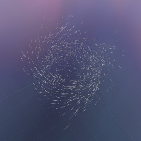 Screenshot of the Unity 3D scene view, a circular cloud of points with motion trails showing the custom path imported from Blender using a vector field file.