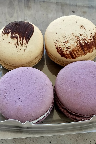 Four macarons from the Fillings and Emulsions location in the Salt Lake City airport