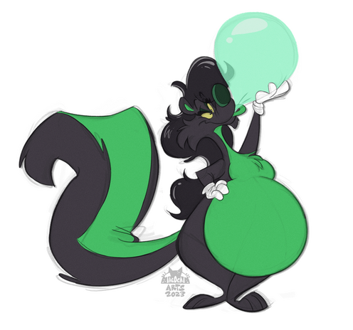 a black and green cartoon skunk with a giant belly blowing a green bubble