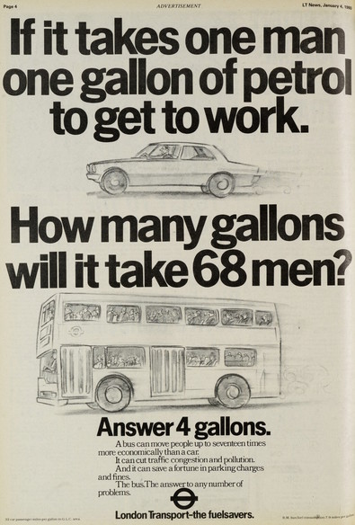 From London Transport News, No. 163 - January 4 1980

If it takes one man one gallon of petrol to get to work.

How many gallons will it take 68 men?

Answer 4 gallons