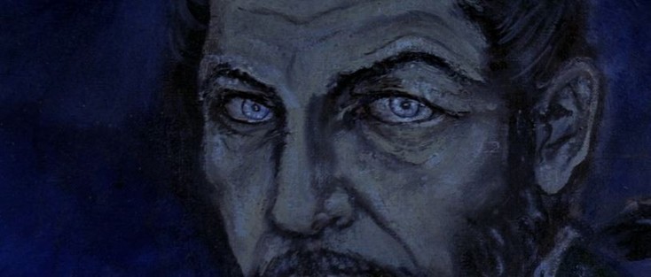 a still from THE HAUNTED PALACE showing a closeup of a creepy painting of Vincent Price, with piercing blue eyes
