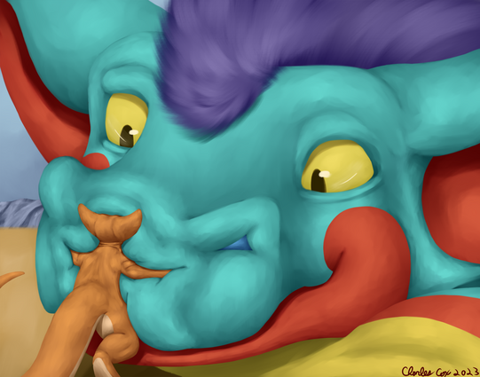 A chubby blue, red, and yellow dragon has their head on the ground.  In front of them pressing and squishing into the front of their snoot is a small kobold.  Giving the dragon a strong hug sinking into the front of the dragon's snoot.