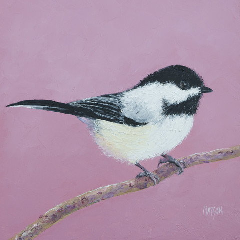 A sweet little Chickadee perched on a twig.  This little black and white bird is native to the  United States.  The Chickadee was completed mostly with a palette knife for a thick feathery texture. The background is painted pink.
